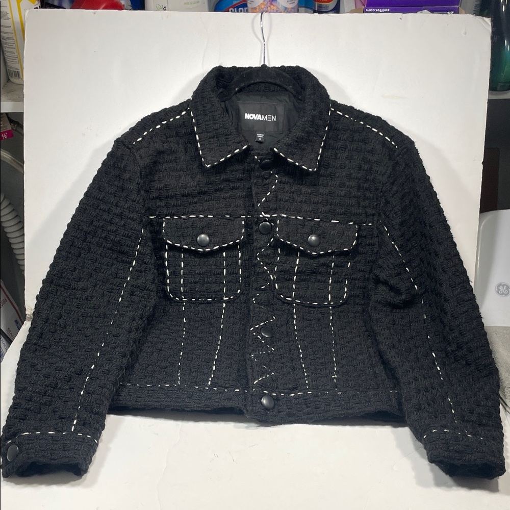 NOVAMEN Beverly Tweed Contrasting Stitch Trucker Jacket Black Men’s SZ S SKU R27